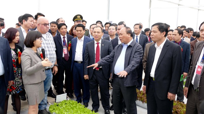 Thủ tướng Nguyễn Xuân Phúc và đại diện các đơn vị tham quan mô hình sản xuất nông nghiệp công nghệ cao tại huyện Lý Nhân, tỉnh Hà Nam.