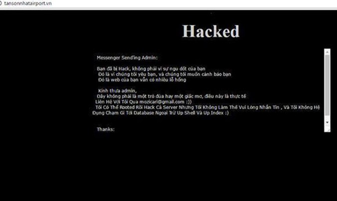 Dòng chữ hacker để lại trên màn hình giao diện trang web tansonnhatairport.vn.