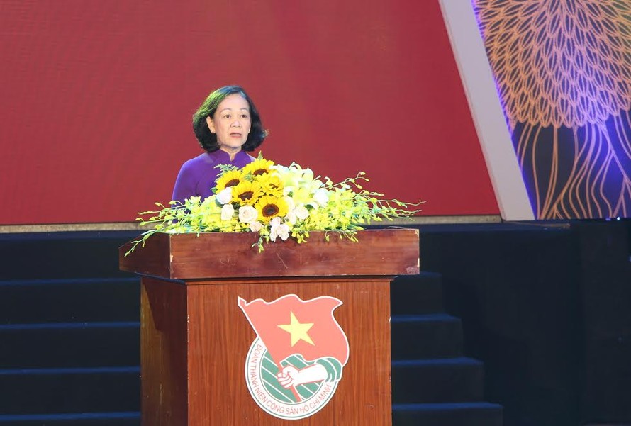 Bà Trương Thị Mai, Ủy viên Bộ Chính trị, Bí thư Trung ương Đảng, Trưởng Ban Dân vận Trung ương phát biểu tại lễ kỷ niệm 86 năm ngày thành lập Đoàn TNCS Hồ Chí Minh. 