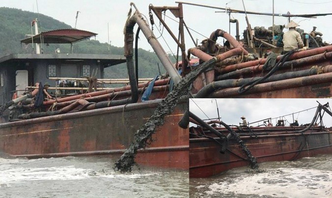 Tàu hút bùn, xả thải tại vùng biển gần bờ giáp ranh hai tỉnh Nghệ An, Thanh Hóa, ảnh chụp ngày 9/5.
