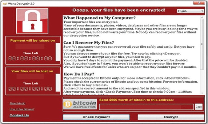 Thông báo của hacker trên máy tính bị nhiễm virus tống tiền WannaCry.