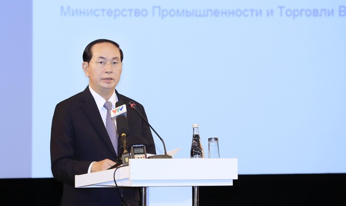 Chủ tịch nước Trần Đại Quang phát biểu tại Tọa đàm kinh tế Việt - Nga. Ảnh: TTXVN.
