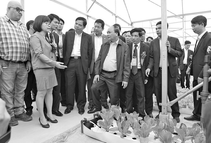 Thủ tướng Nguyễn Xuân Phúc tham quan khu sản xuất nông nghiệp công nghệ cao tại nông trường Vineco Hà Nam vào tháng 2/2017. Ảnh: Quang Hiếu.
