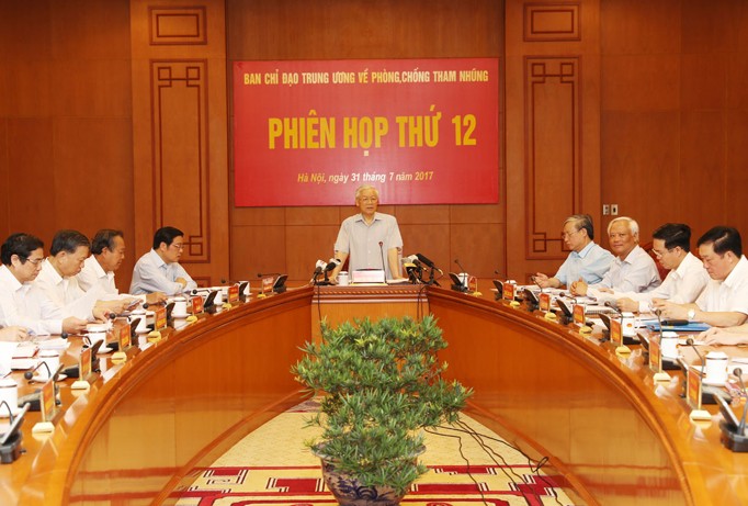 Tổng Bí thư Nguyễn Phú Trọng chủ trì phiên họp thứ 12 của Ban Chỉ đạo T.Ư về phòng, chống tham nhũng. Ảnh: TTXVN.