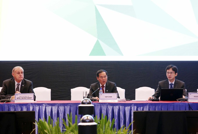 Thứ trưởng Thường trực Bộ Ngoại giao Bùi Thanh Sơn (ở giữa) - Phó Chủ tịch Ủy ban Quốc gia APEC 2017, Chủ tịch SOM APEC 2017 phát biểu khai mạc SOM 3 ở TPHCM. Ảnh: TTXVN.