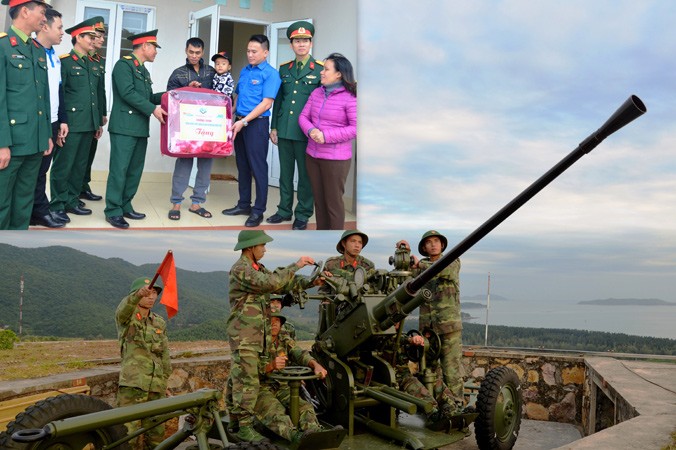 Đoàn công tác trao tặng quà cho nhân dân trên đảo Trần (ảnh nhỏ) và chiến sĩ Đại đội pháo cao xạ 37, Tiểu đoàn Đảo Ngọc Vừng huấn luyện chiến đấu phòng không.