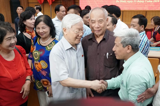 Tổng Bí thư Nguyễn Phú Trọng tại buổi tiếp xúc cử tri. Ảnh: Mạnh Thắng.