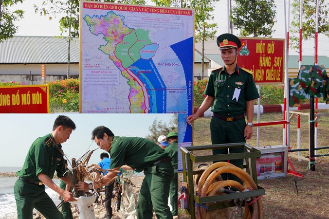 Thiếu tá Trần Vũ Văn bên tấm bản đồ cải tiến và thượng uý Bùi Đức Thuận (bên phải, ảnh nhỏ) đang cùng đồng đội thực hiện chiến dịch làm sạch biển ở huyện Cần Giờ, TPHCM.