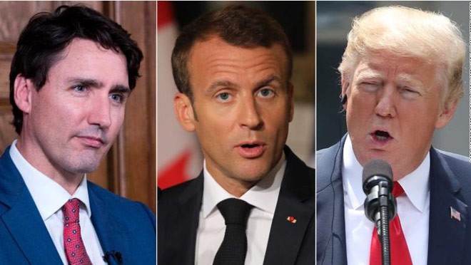 Tổng thống Mỹ Donald Trump (phải) tranh luận gay gắt với người đồng cấp Pháp (giữa), Canada (trái) tại G7. Ảnh: CNN.