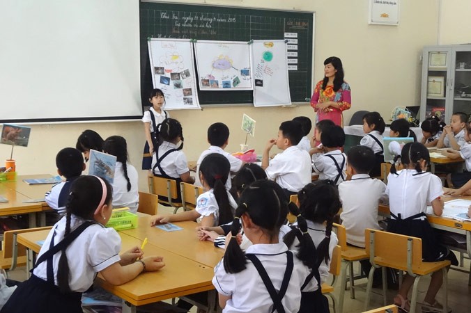 Lớp học theo mô hình VNEN tại trường tiểu học Nhật Tân (quận Tây Hồ). Ảnh: Vân Anh.