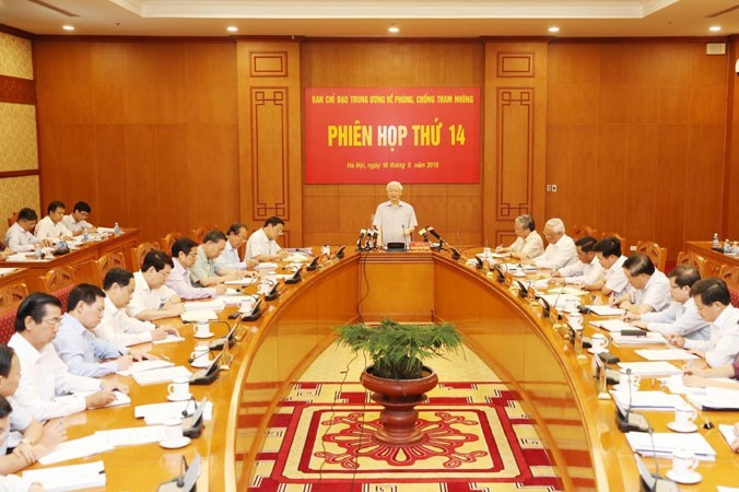 Tổng Bí thư Nguyễn Phú Trọng chủ trì Phiên họp thứ 14 của Ban Chỉ đạo Trung ương về phòng, chống tham nhũng. Ảnh: Trí Dũng/TTXVN.