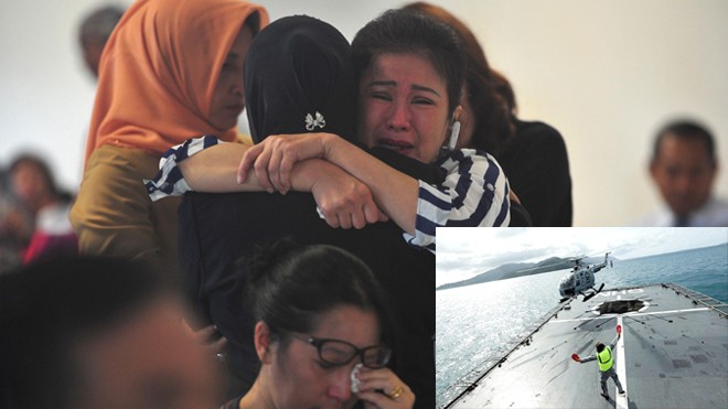 Ngày 29/12, nhiều người thân hành khách chuyến bay QZ8501 tuyệt vọng chờ tin tại sân bay quốc tế Juanda ở thành phố Surabaya (ảnh lớn). Máy bay trực thăng của Hải quân Indonesia hôm qua tham gia tìm kiếm nhưng phải ngừng lại khi trời tối (ảnh nhỏ). Ảnh: 