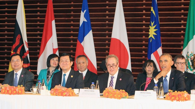  Trong khuôn khổ Hội nghị Cấp cao APEC tại Trung Quốc, ngày 10/11/2014, Chủ tịch nước Trương Tấn Sang dự Cuộc gặp Cấp cao TPP. Ảnh: TTXVN
