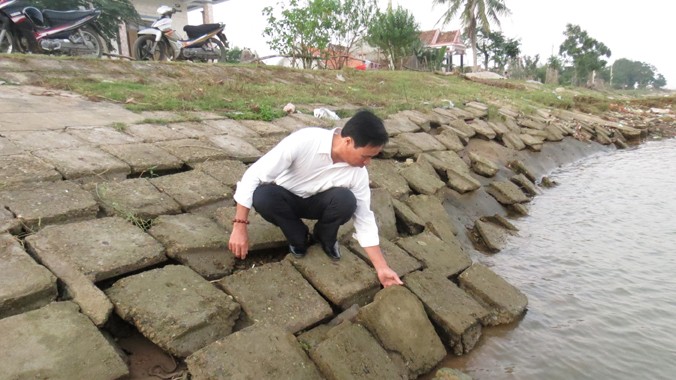 Nhiều đoạn kè ở thôn Cồn Nâm đang bị sụt xuống nước do không có chân móng