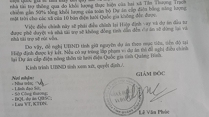 Văn bản cảnh báo nhà tài trợ sẽ rút vốn của ông Lê Văn Phúc, Giám đốc Sở Kế hoạch đầu tư Quảng Bình