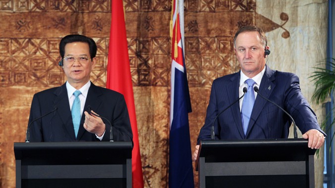 Thủ tướng Nguyễn Tấn Dũng và Thủ tướng New Zealand John Key gặp gỡ báo chí sau buổi hội đàm ngày 19/3. Ảnh: TTXVN