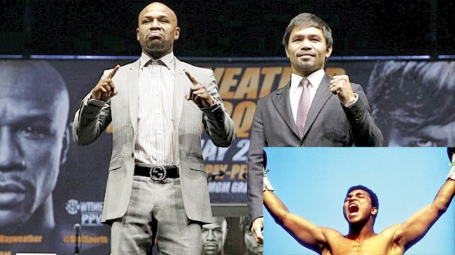 Muhammad Ali (ảnh nhỏ) tin rằng Pacquiao sẽ đánh bại Mayweather ngày 2/5 tới. Ảnh: AP