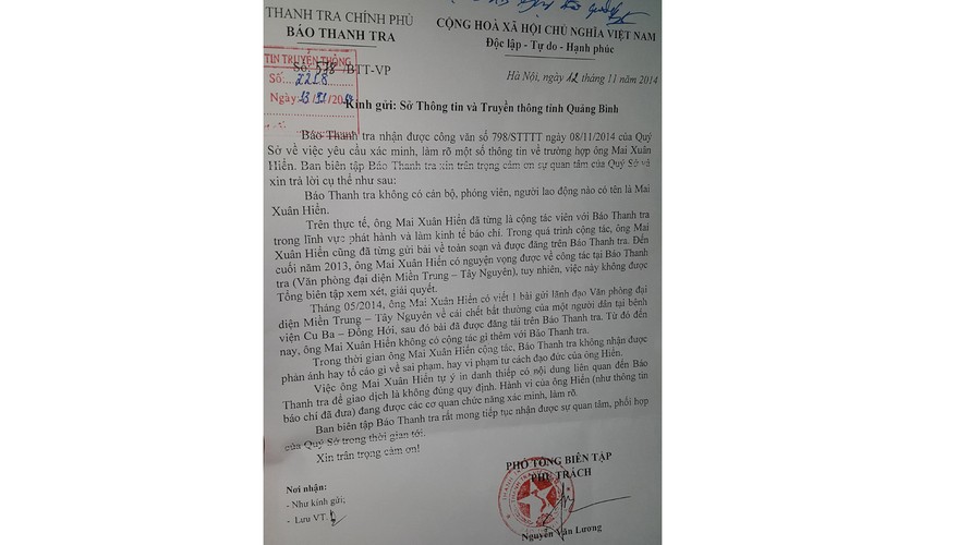 Báo Thanh Tra khẳng định Mai Xuân Hiển không phải là người của báo Thanh Tra.