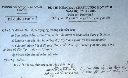 Đề thi hôm 5/5 của học sinh huyện Lộc Hà. Ảnh: VnExpress