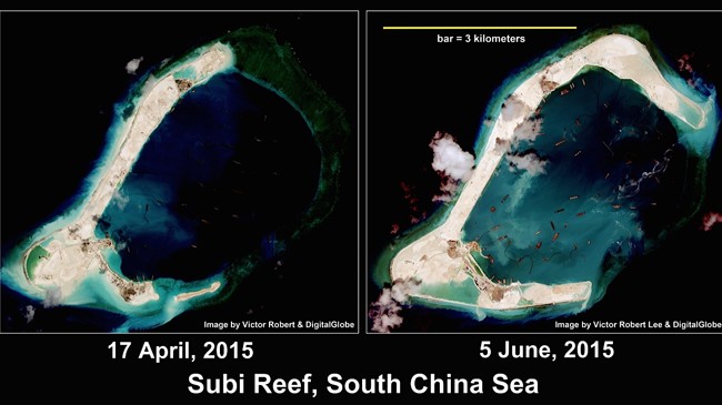 Trung Quốc cải tạo trái phép đá Subi ở quần đảo Trường Sa (ảnh chụp ngày 17/4 và 5/6/2015)