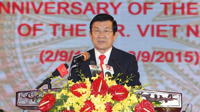 Chủ tịch nước Trương Tấn Sang đọc diễn văn chào mừng tại tiệc chiêu đãi. Ảnh: TTXVN