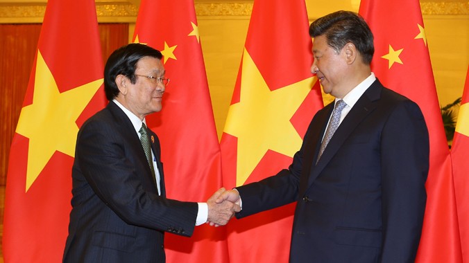 Chủ tịch nước Trương Tấn Sang hội kiến với Tổng Bí thư, Chủ tịch nước Trung Quốc Tập Cận Bình. Ảnh: TTXVN