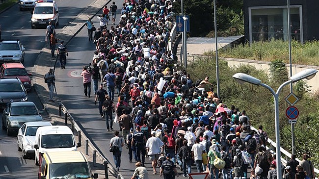 Đoàn người di cư quyết định đi bộ sau khi bị chính quyền Hungary không cho tiếp tục đi tàu. Ảnh: Telegraph