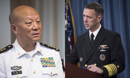 Đô đốc Ngô Thắng Lợi, tư lệnh hải quân Trung Quốc (trái), và đô đốc John Richardson, tham mưu trưởng hải quân Mỹ. 