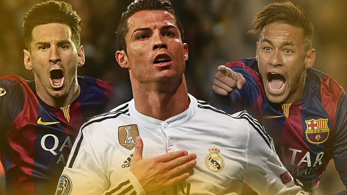 Ronaldo (giữa) gặp khó trong cuộc đua giành Quả bóng vàng FIFA năm nay với hai đối thủ nặng ký là Messi và Neymar. Ảnh: Sky sport