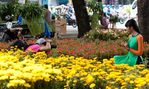 Chợ hoa nổi trên bến Bình Đông.
