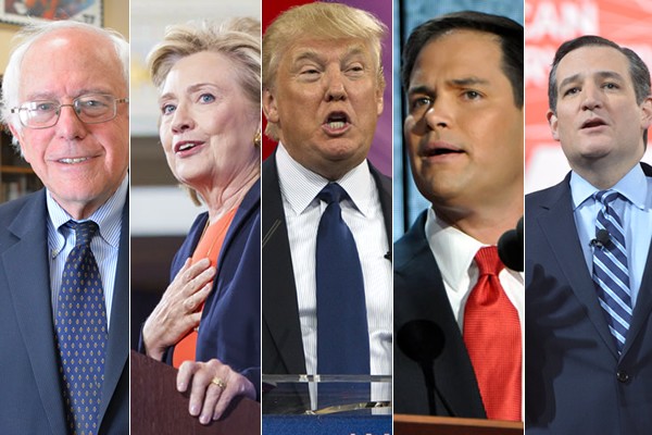 Các ứng viên tổng thống Mỹ (từ trái sang phải) Bernie Sanders, Hillary Clinton, Donald Trump, Marco Rubio, Ted Cruz Ảnh: Washington Blade