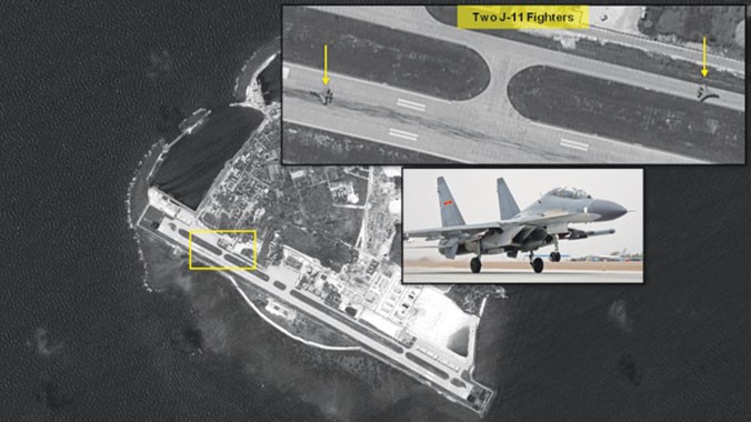 Hai máy bay chiến đấu J-11 của Trung Quốc hiện diện trái phép trên đảo Phú Lâm thuộc quần đảo Hoàng Sa của Việt Nam. Ảnh: ImageSat International