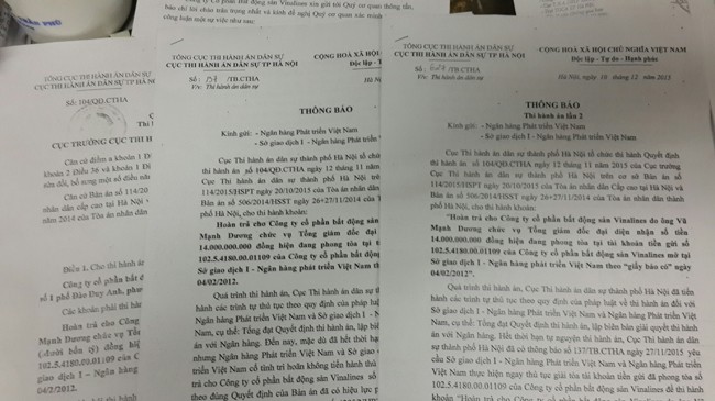 Những văn bản của Cục Thi hành án dân sự TP Hà Nội yêu cầu trả 14 tỷ đồng cho Cty CP BĐS Vinalines.
