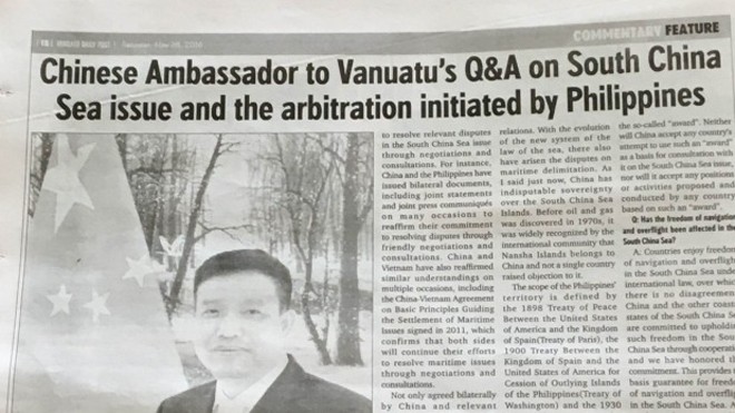 Bài viết của Đại sứ Trung Quốc tại Vanuatu đăng trên báo Daily Post của Vanuatu để tuyên truyền về quan điểm của Bắc Kinh đối với vấn đề biển Đông. Ảnh: Sydney Morning Herald