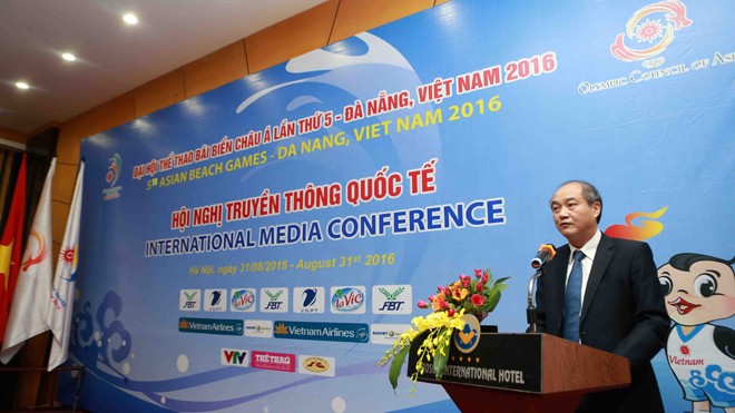 Tổng cục trưởng Tổng cục TDTT Vương Bích Thắng phát biểu tại Hội nghị Truyền thông quốc tế ABG5. Ảnh: Ngọc Hải