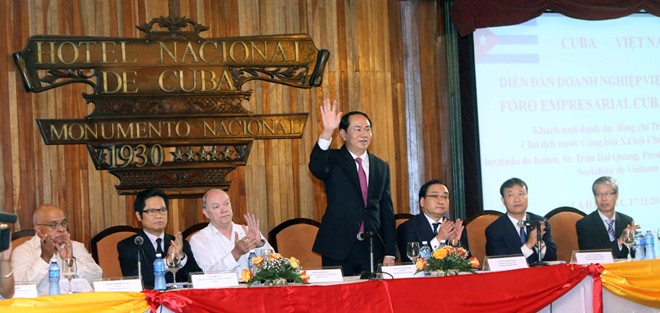 Ngày 17/11 (giờ địa phương), Chủ tịch nước Trần Đại Quang đến dự và phát biểu tại Diễn đàn Doanh nghiệp Việt Nam-Cuba. Ảnh: TTXVN