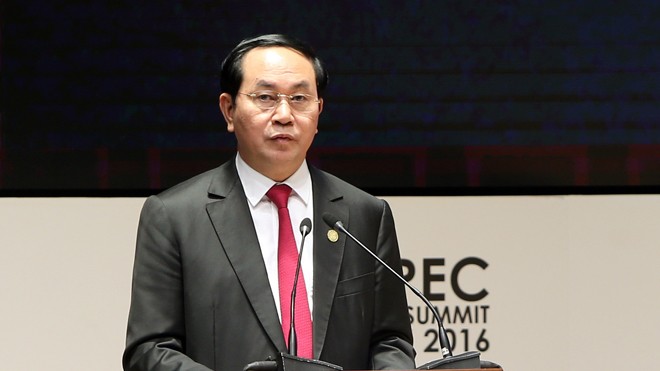 Chủ tịch nước Trần Đại Quang phát biểu tại Hội nghị Thượng đỉnh doanh nghiệp APEC. Ảnh: BNG