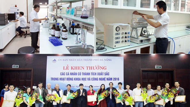 Các nhà khoa học làm việc trong các phòng thí nghiệm hiện đại tại ĐH Duy Tân và nhận Bằng khen tại Lễ Khen thưởng “Các cá nhân có thành tích xuất sắc trong hoạt động Khoa học & Công nghệ” năm 2016 của TP. Đà Nẵng