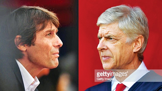 HLV Conte (trái) sẽ đòi được món nợ trước người đồng nghiệp Arsene Wenger trong trận thư hùng thành London tối nay? Ảnh: Getty Images