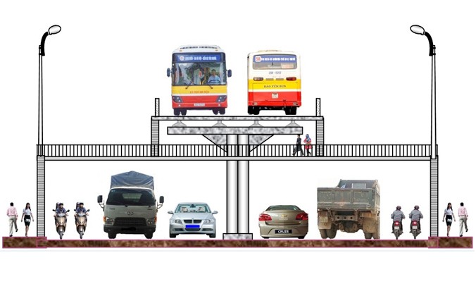 Mô hình xe buýt trên cao được ông Hoàng Ngọc Thịnh hiến kế để chống ùn tắc giao thông Hà Nội.