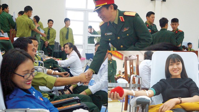 Thiếu tướng Trần Quang Trung động viên các bạn trẻ tham gia hiến máu và sinh viên thực tập tại báo Tiền Phong (ảnh lớn) Nguyễn Thị Kim Nhung đang hiến máu khi tới tác nghiệp ở Trường SQCT (ảnh nhỏ). Ảnh: Nguyễn Minh