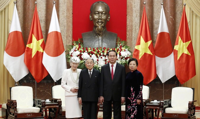 Chủ tịch nước Trần Đại Quang và Phu nhân hội kiến Nhà vua và Hoàng hậu Nhật Bản ngày 1/3 tại Hà Nội. Ảnh: Như Ý