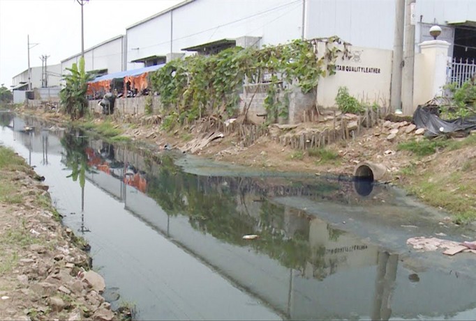 Nhiều nhà máy tại CCN Di Trạch (Hoài Đức) xả nước thải ra kênh thoát nước chung.