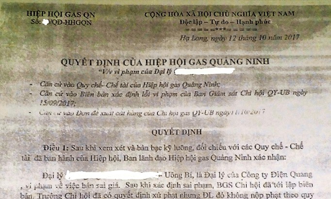 Ông Lê Quảng Phong vẫn ký tên vào các văn bản ban hành cho các đại lý mang danh nghĩa “Hiệp Hội gas Quảng Ninh”, thời điểm tháng 9-10/2017