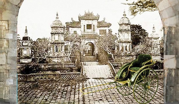 Bức bích họa “Chùa Báo Ân xưa” phác họa hình ảnh Chùa Báo Ân đã mất đi và chiếc xe tay một thời.