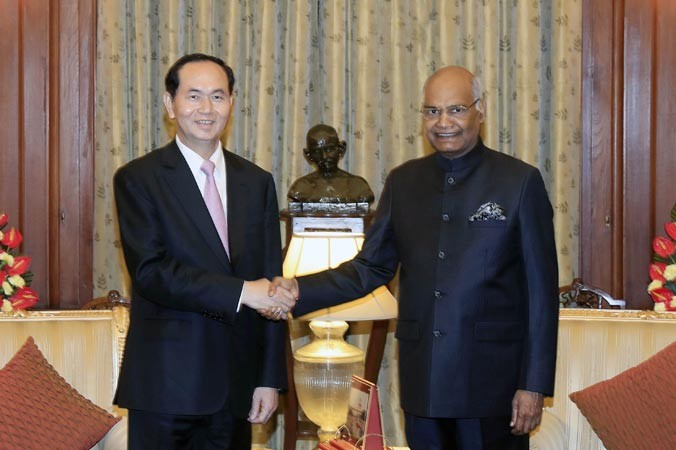 Chủ tịch nước Trần Đại Quang và Tổng thống Ấn Độ Ram Nath Kovind tại buổi Quốc yến ngày 3/3. Ảnh: TTXVN.