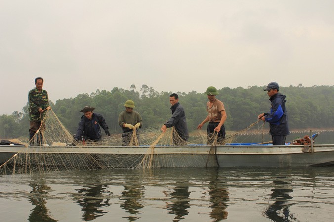 Đánh bắt thủy sản bằng phương pháp bắt chuồng trên hồ Xuân Khanh. Ảnh: ATP.