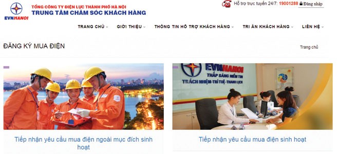 Giao diện dịch vụ đăng ký mua điện hạ áp trên website http://cskh.evnhanoi.com.vn.