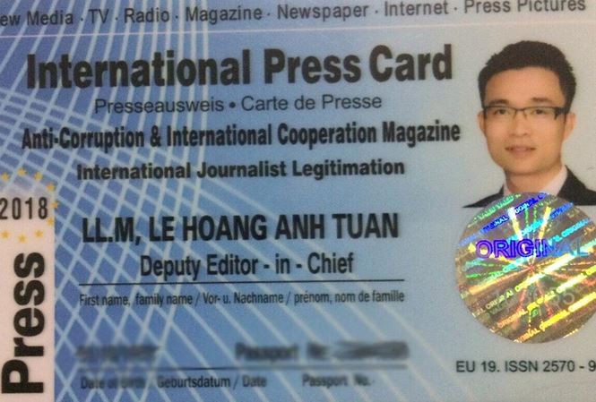 International Press Card - Thẻ Nhà báo Quốc tế có hiệu lực trong năm 2018 của Nhà báo Quốc tế, Thạc sĩ Luật học Lê Hoàng Anh Tuấn