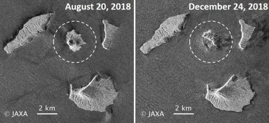 Ảnh chụp từ vệ tinh cho thấy, độ cao của núi lửa đã giảm đáng kể từ tháng 8/2018 cho đến thời điểm xảy ra vụ sóng thần